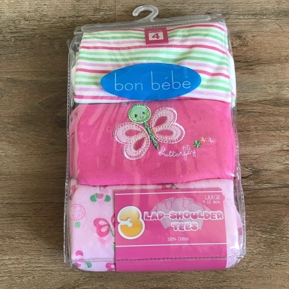 New Bon Bebe Size 9-12 Months Baby Girl 3 Pack Shirts Lap Shoulder